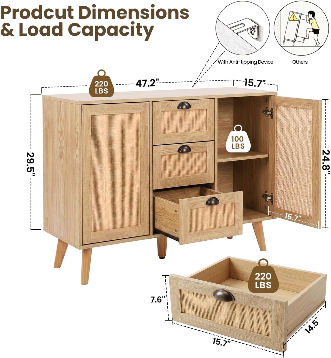 GREEN PARTY 47.2" Rattan Sideboard Buffet Cabinet, Coffee Bar Cabinet with Storage, 3 Drawers and 2 Doors, Boho Kitchen Storage Cabinet for Dining Room, Living Room, Entryway