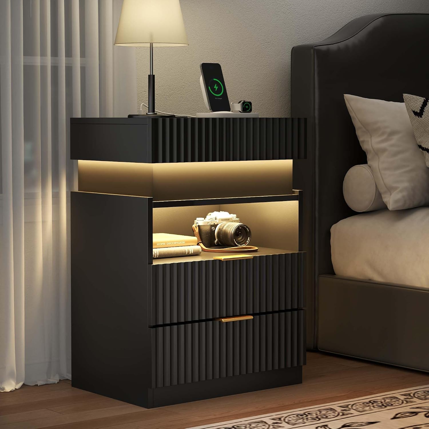 Night Stand with Wireless Charging Station, Black Bedside Table with Hidden Gun Drawer & LED Lights, Modern End Table with 2 Drawers, Fluted Nightstands with Open Storage Shelf for Bedroom
