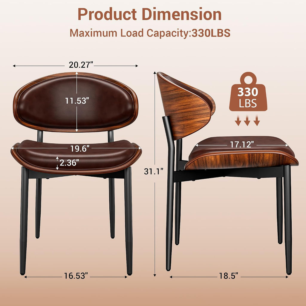 YaFiti Dining Chairs Set of 6, Dining Room and Kitchen Chairs, Mid Century Modern Retro Chair, Upholstered PU Leather Chairs for Vanity with Walnut Bentwood and Metal Legs(Brown)