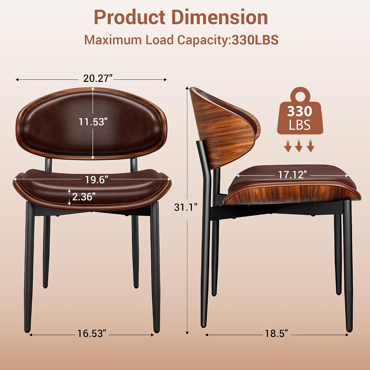 YaFiti Dining Chairs Set of 6, Dining Room and Kitchen Chairs, Mid Century Modern Retro Chair, Upholstered PU Leather Chairs for Vanity with Walnut Bentwood and Metal Legs(Brown)