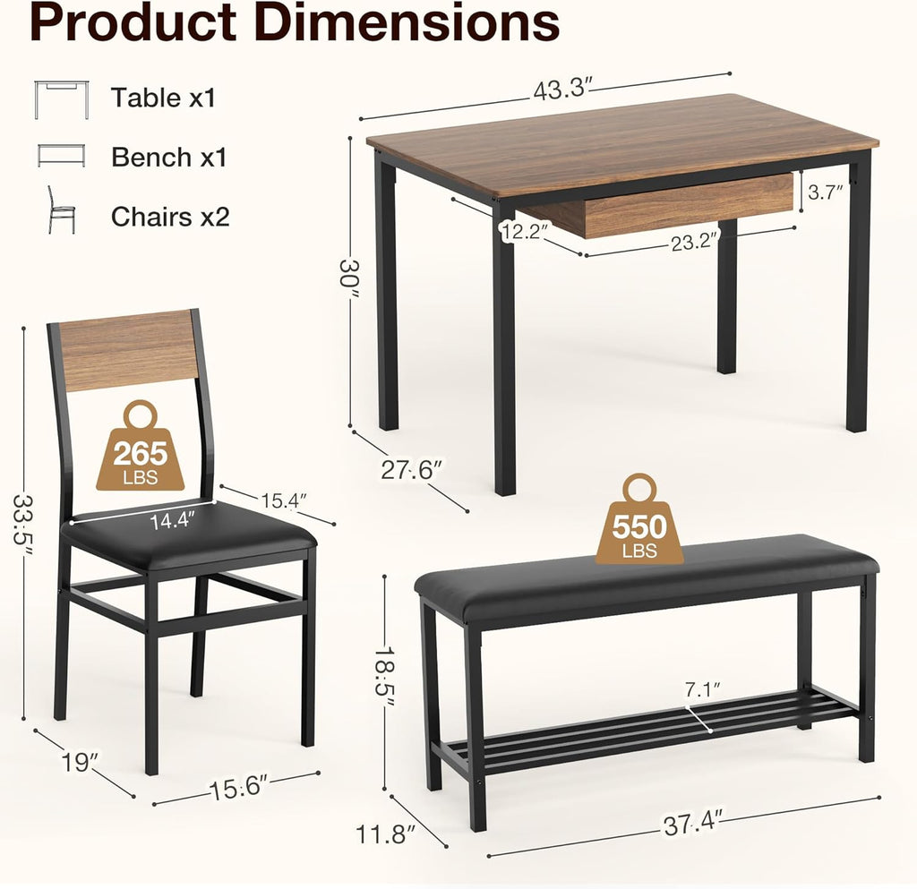 43.3" Dining Table Set for 4 with Drawer Storage, Dining Table with Chairs and Upholstered Bench, Lower Shelf, Space-Saving Wooden Table for Apartment, Kitchen, Dining Room