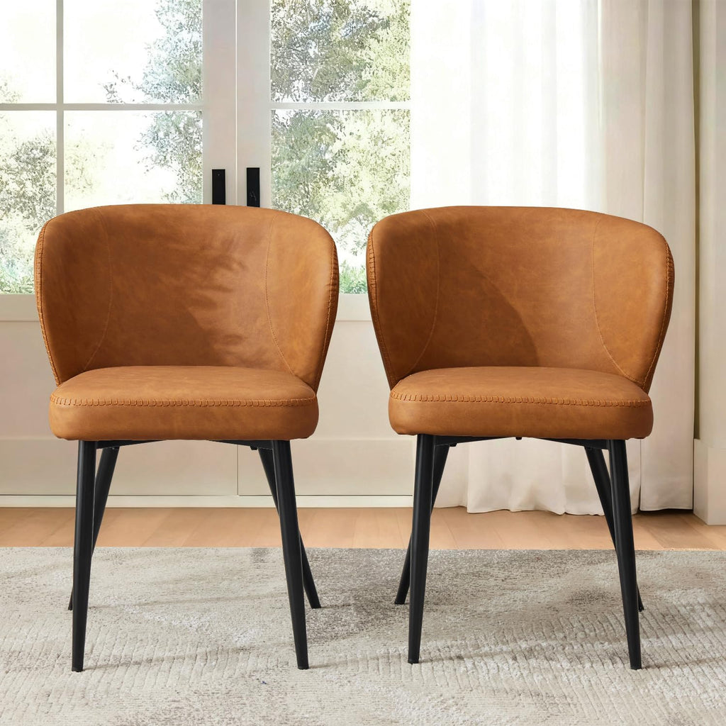 Dining Chairs Set of 2, Mid Century Modern Kitchen Chairs with Leather Cushion & Metal Legs, Upholstered Dining Room Chair with Curved Backrest for Home Kitchen, Brown