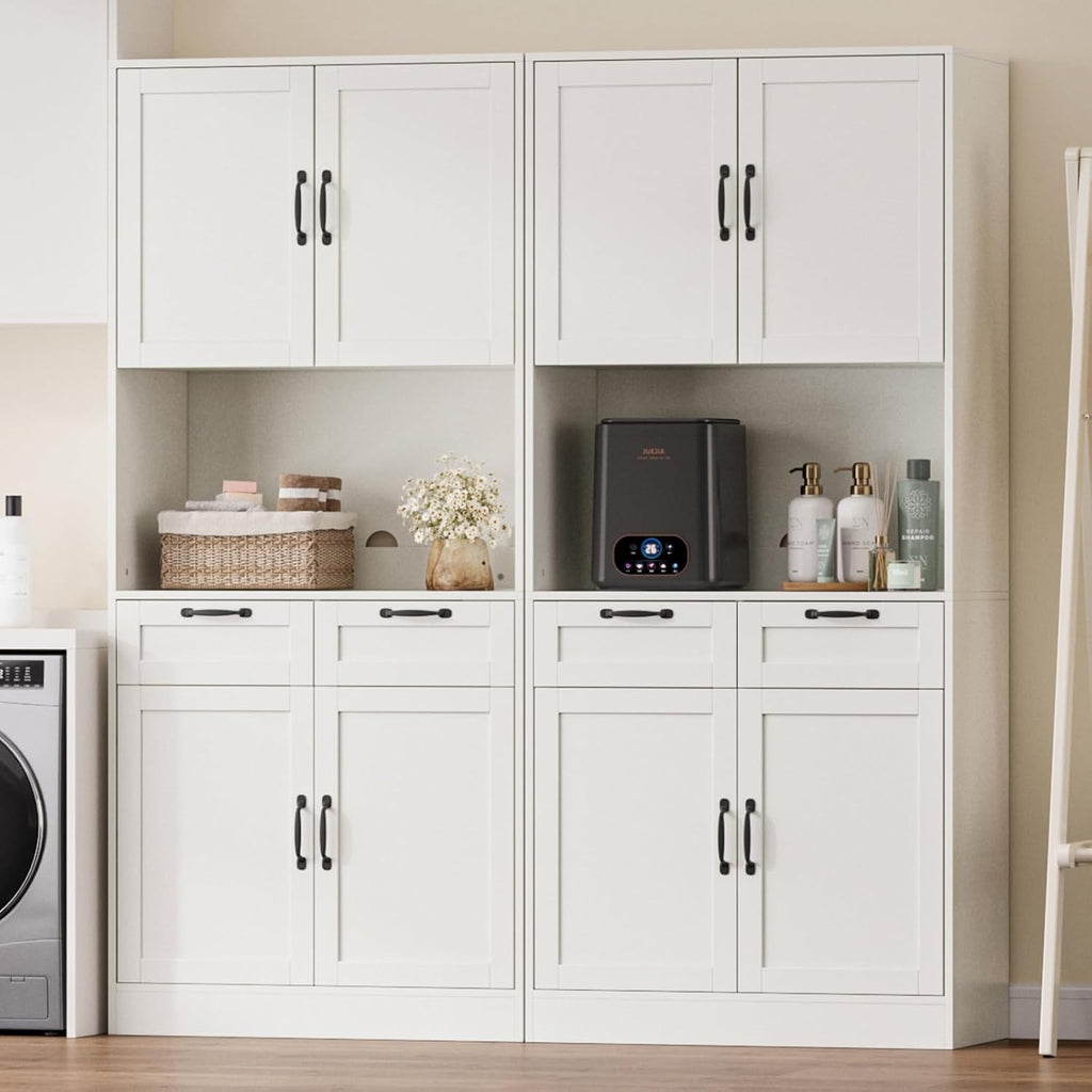71" Tall Pantry Cabinet with Charging Station, Freestanding Kitchen Pantry Storage Cabinet with Adjustable Shelves & 2 Drawers, Kitchen Hutch with Open Countertop for Dining Room, White