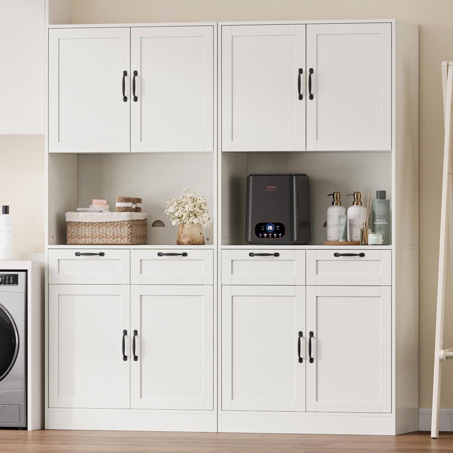 71" Tall Pantry Cabinet with Charging Station, Freestanding Kitchen Pantry Storage Cabinet with Adjustable Shelves & 2 Drawers, Kitchen Hutch with Open Countertop for Dining Room, White