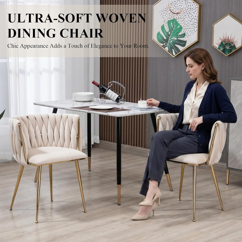 NIOIIKIT Modern Velvet Dining Chairs Hand Weaving Accent Chairs Living Room Chairs Upholstered Side Chair with Golden Metal Legs for Dining Room Kitchen Vanity Living Room (Ivory)