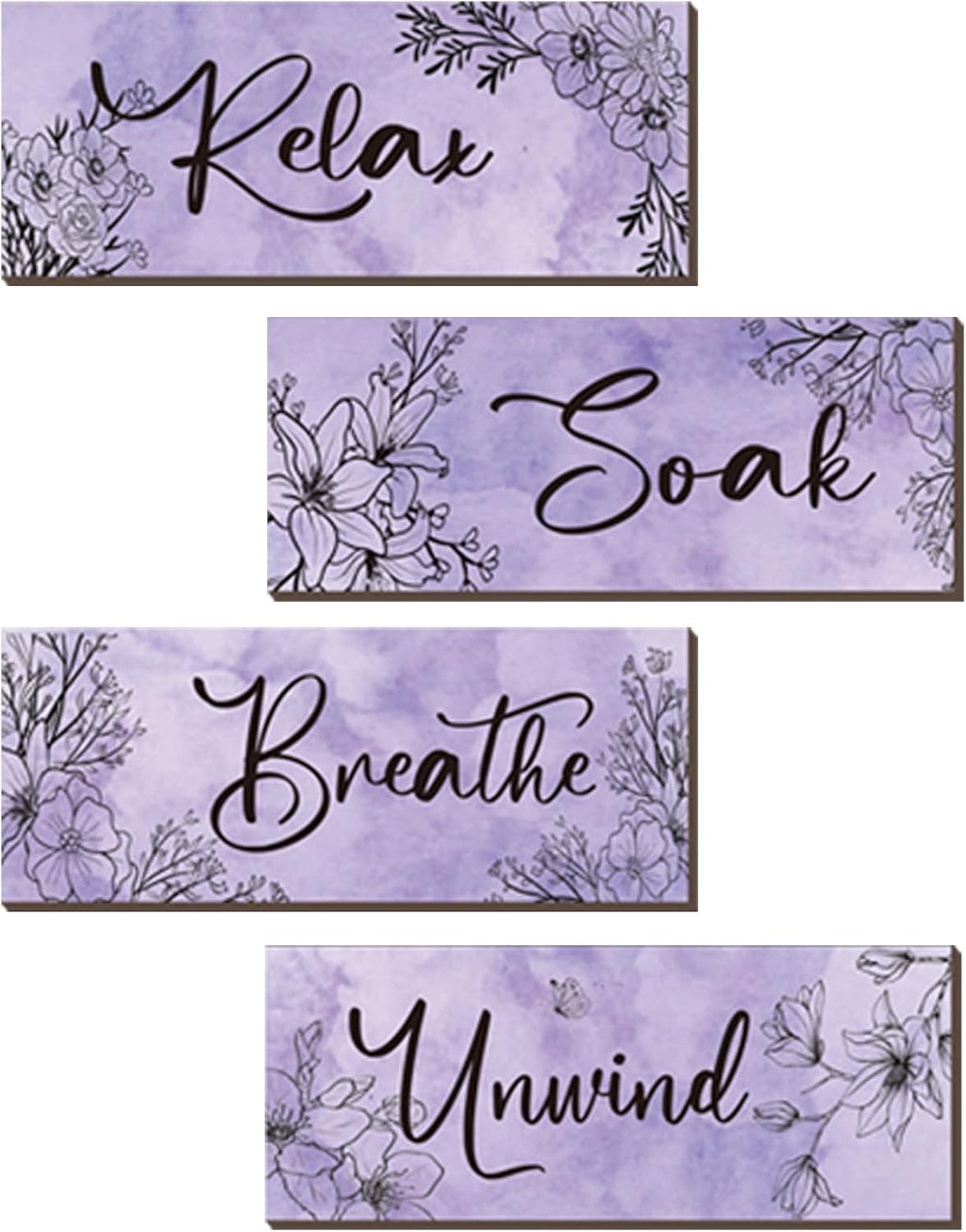 ONIZHITY 4-Piece Purple Floral Wall Art - Wooden Decor with Relax Soak Unwind Breathe Positive Hanging Art for Women's Bedroom & Living Room (10x4 Inches)