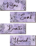 ONIZHITY 4-Piece Purple Floral Wall Art - Wooden Decor with Relax Soak Unwind Breathe Positive Hanging Art for Women's Bedroom & Living Room (10x4 Inches)