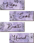 ONIZHITY 4-Piece Purple Floral Wall Art - Wooden Decor with Relax Soak Unwind Breathe Positive Hanging Art for Women's Bedroom & Living Room (10x4 Inches)