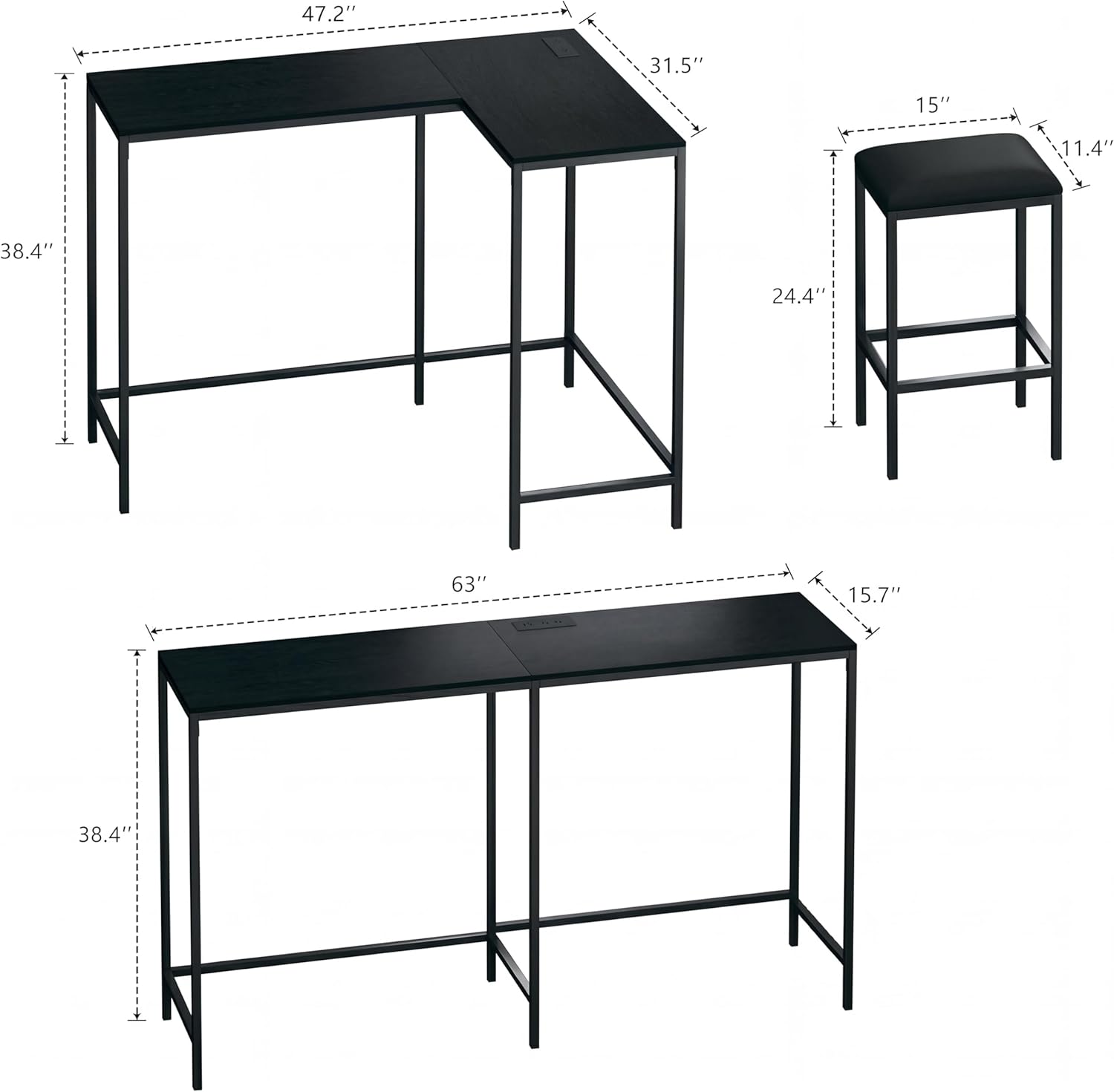 GarveeHome 63" l-Shaped Convertible Bar Table Set with Power Outlets, 3-Piece Counter Height Dining Set for 2-4, Space Saving Kitchen Breakfast Nook Corner Table with 2 Stools