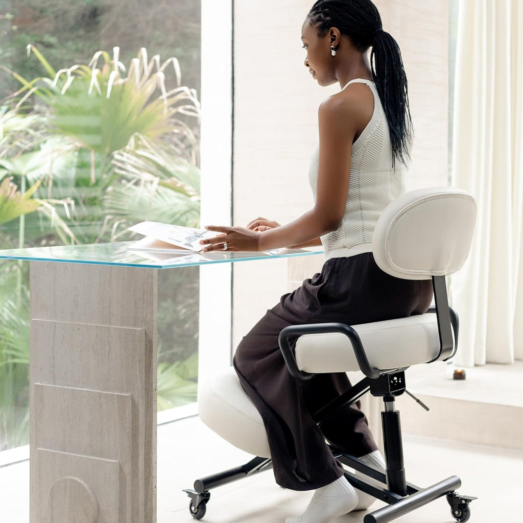 Ergonomic Kneeling Chair with Backrest, Improve Posture, Thick Cushions, Locking Wheels for Home & Office, AKONI 512B (Vanilla)