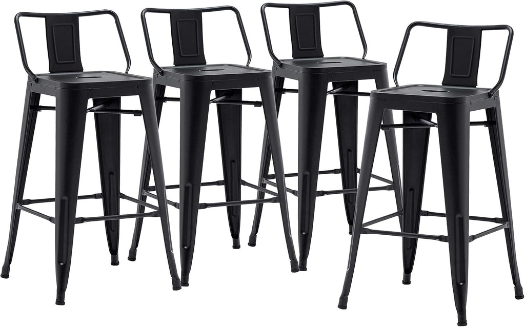 30 inch Metal Bar Stools Set of 4 Bar Height Stools with Backs Industrial Low Back Bar Chairs for Indoor Outdoor Matte Black