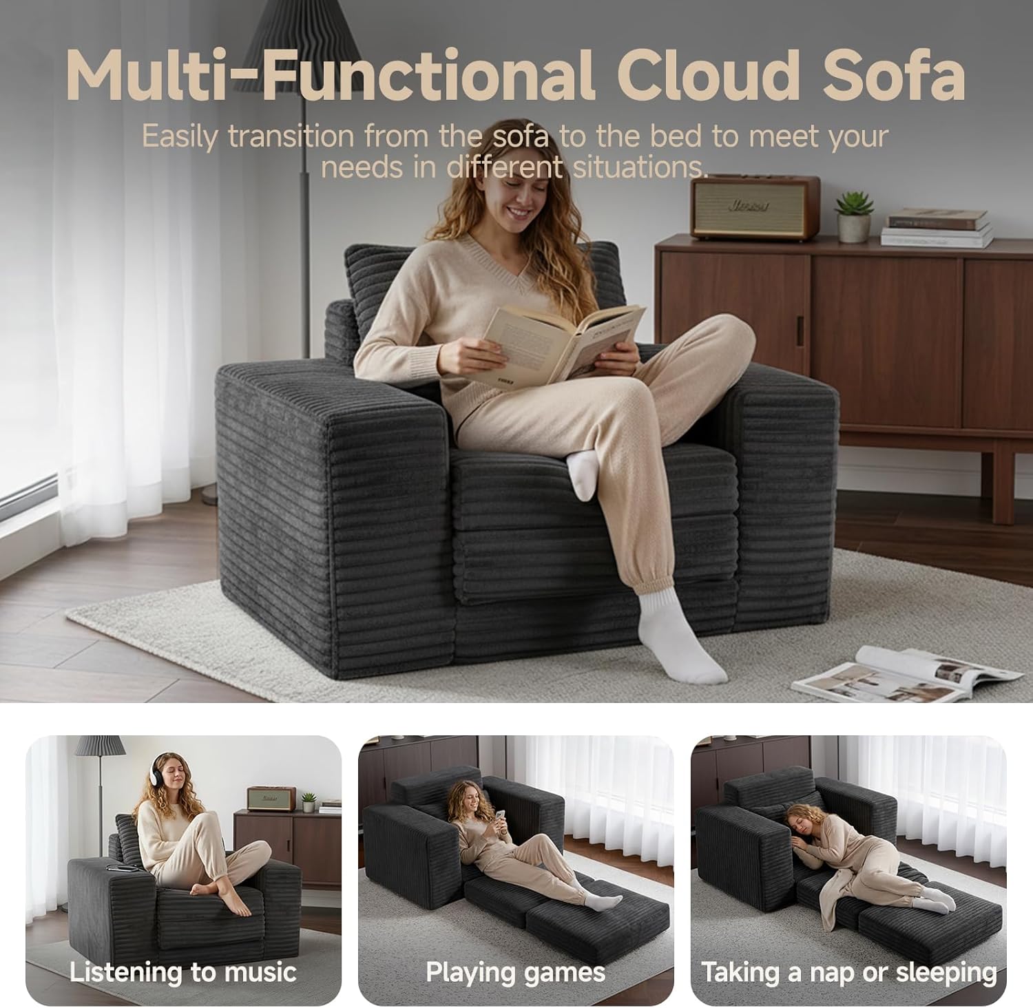 45" Convertible Sofa Chair Bed for Small Spaces, Corduroy Sleeper Chair with High Density Foam, No Assembly Folding Couch Chair with Armrests for Apartment Bedroom Guest Room