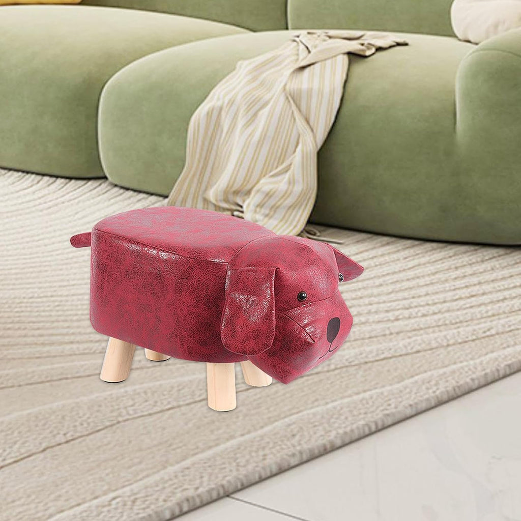 Cartoon Footstool Animal Shaped Padded Ottoman Upholstered Stool with Wooden Frame and Soft Sponge Cushion Suitable for Children Bedroom Playroom, Red