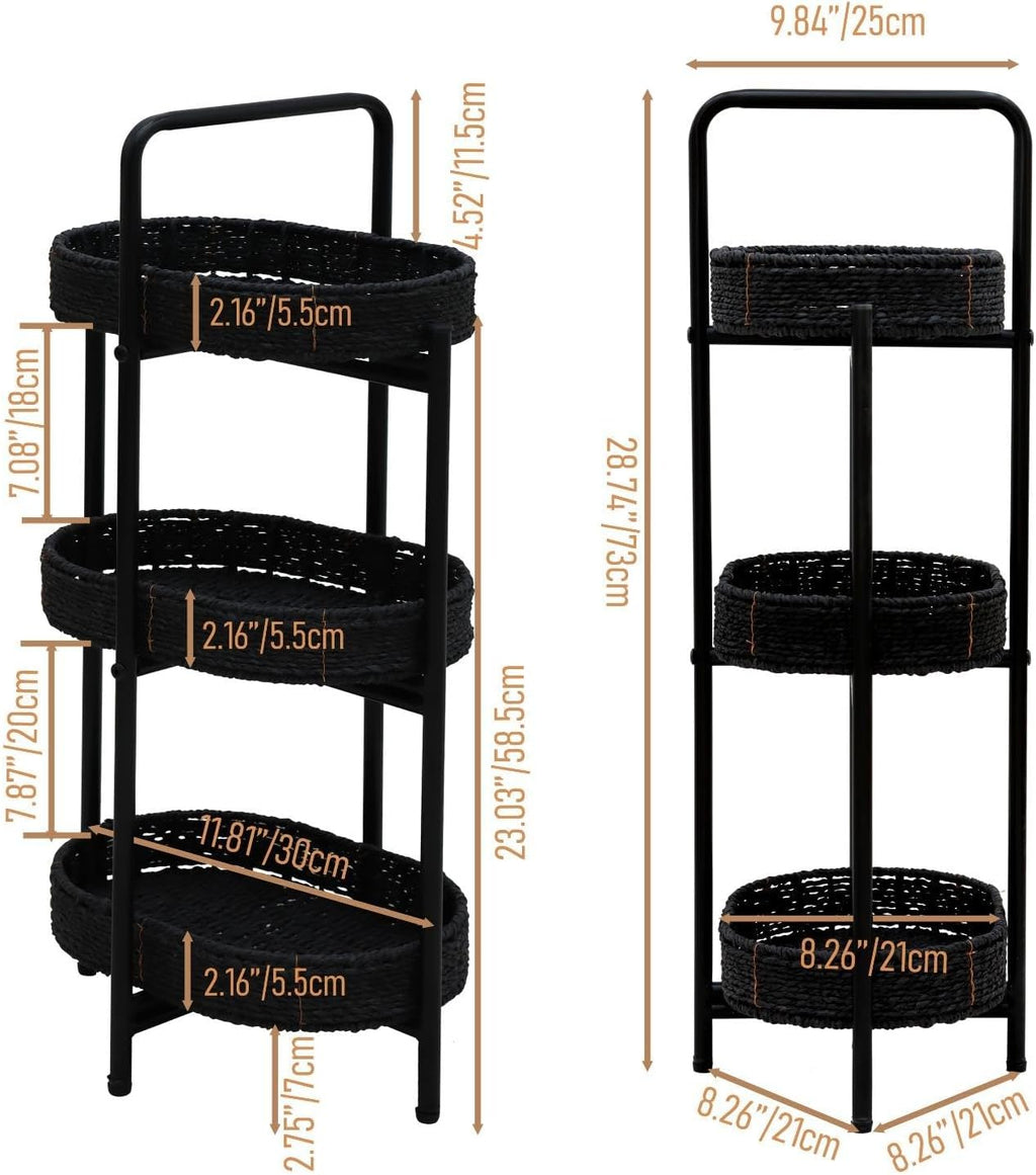 3-Tier Round Woven Storage Basket Stand with Metal Frame - Black Handcrafted Paper Rope Organizer for Living, Bedroom & Kitchen - Farmhouse Side Table with Portable Handle