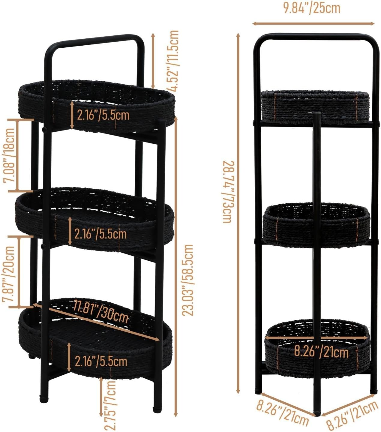 3-Tier Round Woven Storage Basket Stand with Metal Frame - Black Handcrafted Paper Rope Organizer for Living, Bedroom & Kitchen - Farmhouse Side Table with Portable Handle