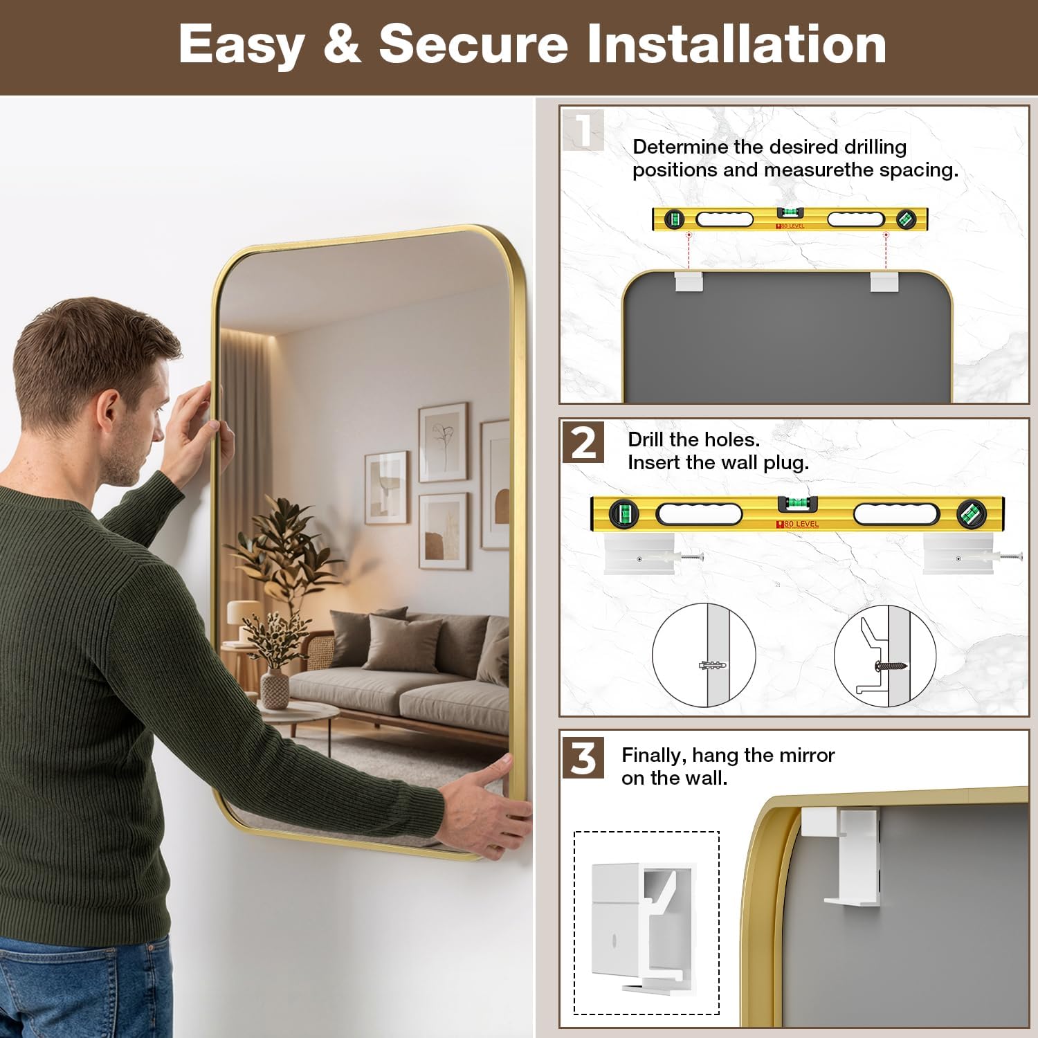 12x16 Inch Bathroom Mirrors for Over Sink, Brushed Gold Rectangle Mirror for Bathroom or Entryway, Wall Mounted Vanity Mirror with Aluminum Alloy Frame & Tempered Glass, Hangs Horizontally/Vertically