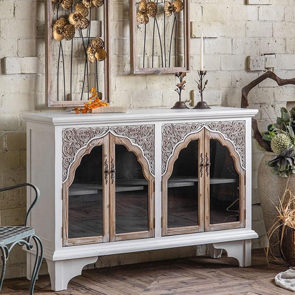 Entryway Cabinet Retro Old Carved Glass Door Dining Sideboard Living Room Porch Cabinet Home Simple Storage Cabinet Sideboard Storage Cabinet