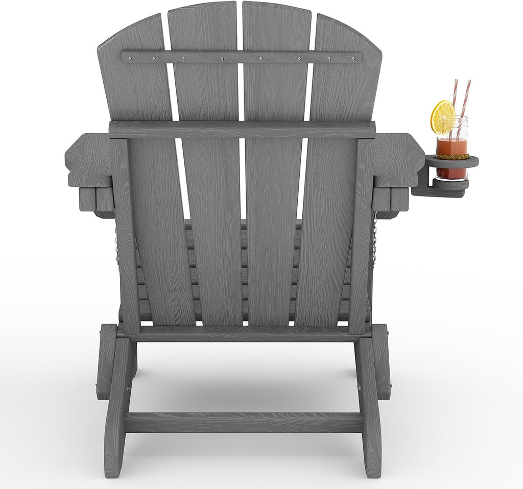 Garvee Folding Adirondack Chair, HDPE Outdoor Patio Chair with Cup Holder, All Weather Resistent Wooden Textured for patios, Decks, Gardens, fire Pit, Grey