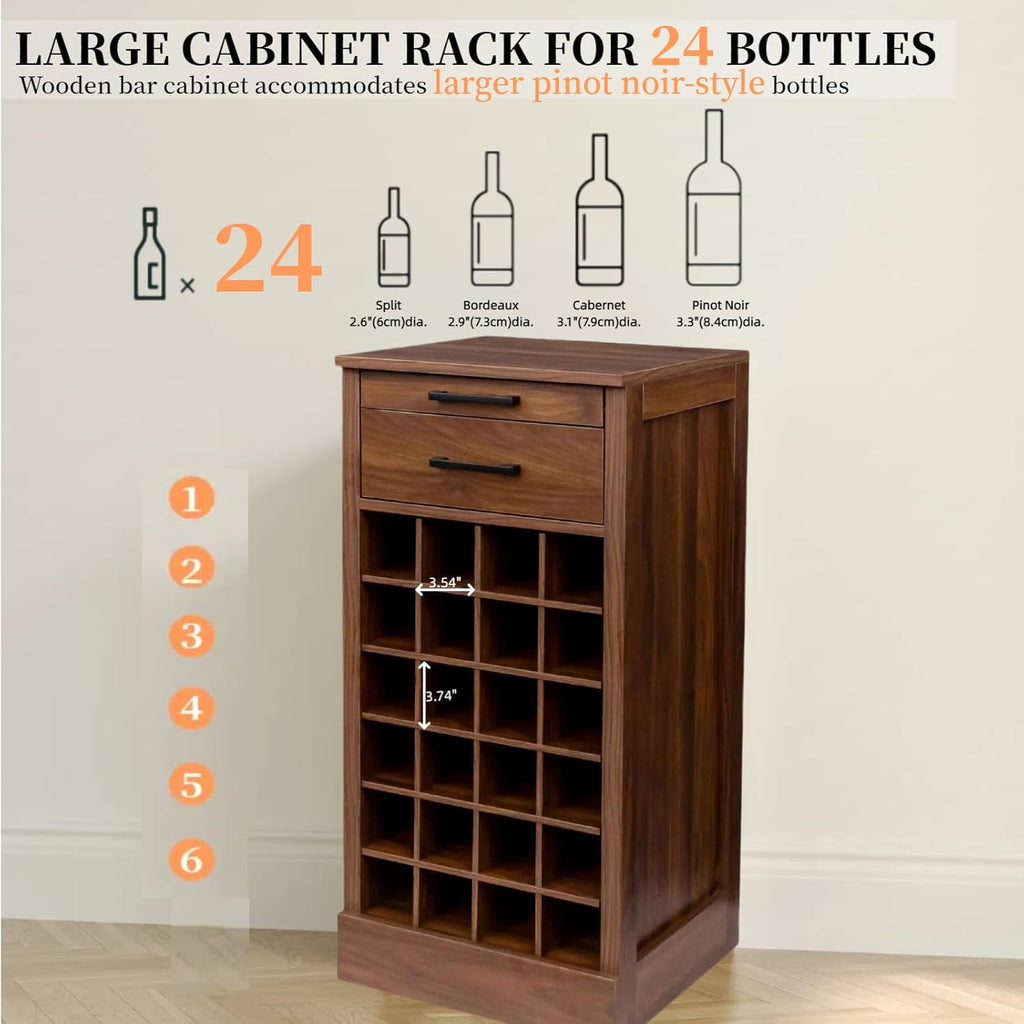 WERSMT 6-Tier Wine Rack Freestanding Floor with 2 Drawers, 24 Bottles Wood Wine Rack Counter for Small Space, Farmhouse Stackable Modular Wine Bottle Holder Rack, Walnut