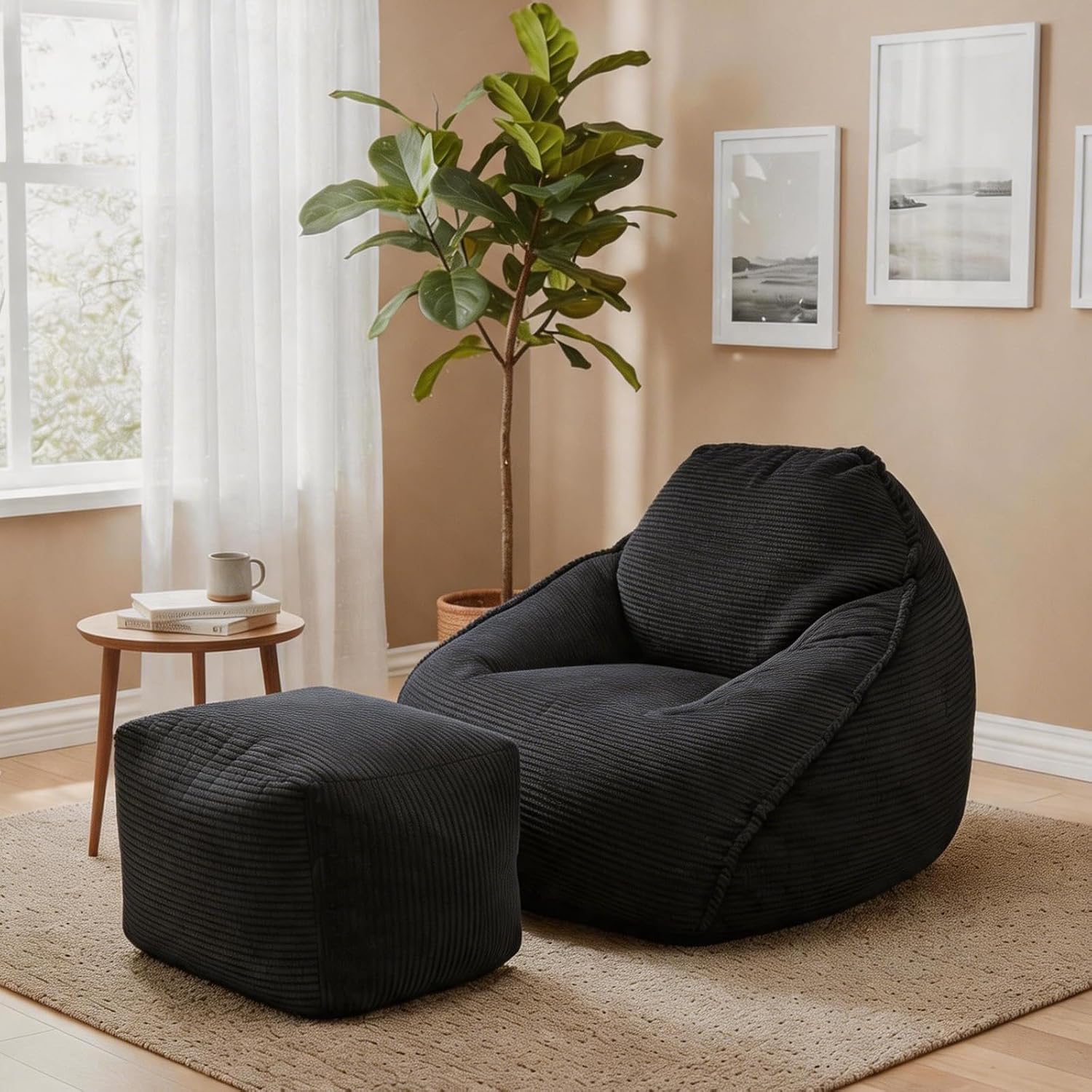 WHGBJA 4FT Bean Bag Chair for Adults/Kids with Ottoman,35D Memory Foam Filled,Cozy Fluffy Gaming Chair for Living Room, Bedroom (Black)