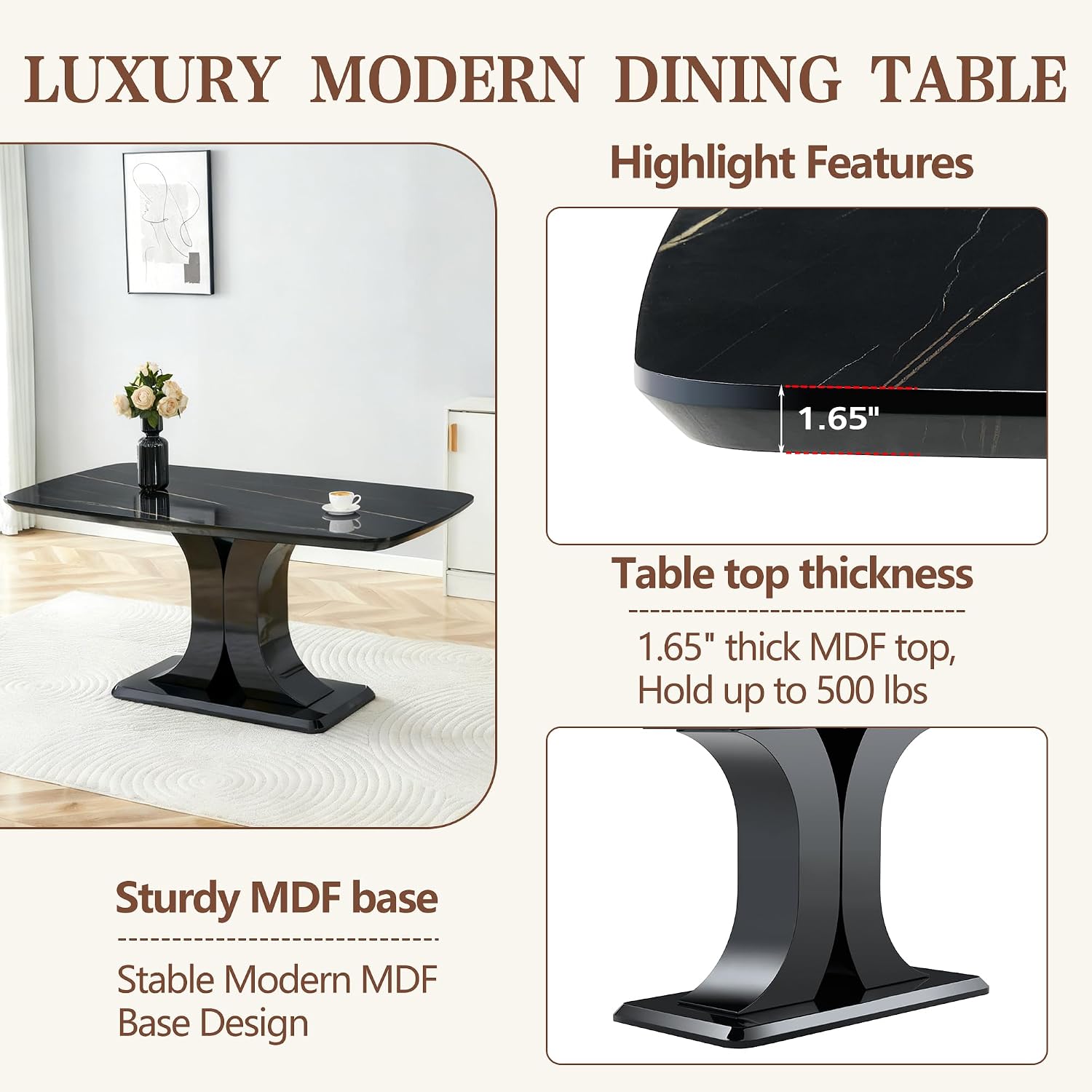 Modern Dining Table Set for 6, Faux Marble Kitchen Table Chairs Set, 63" Rectangular MDF Table Upholstered Chrome Chairs, Easy Clean for Dining Room