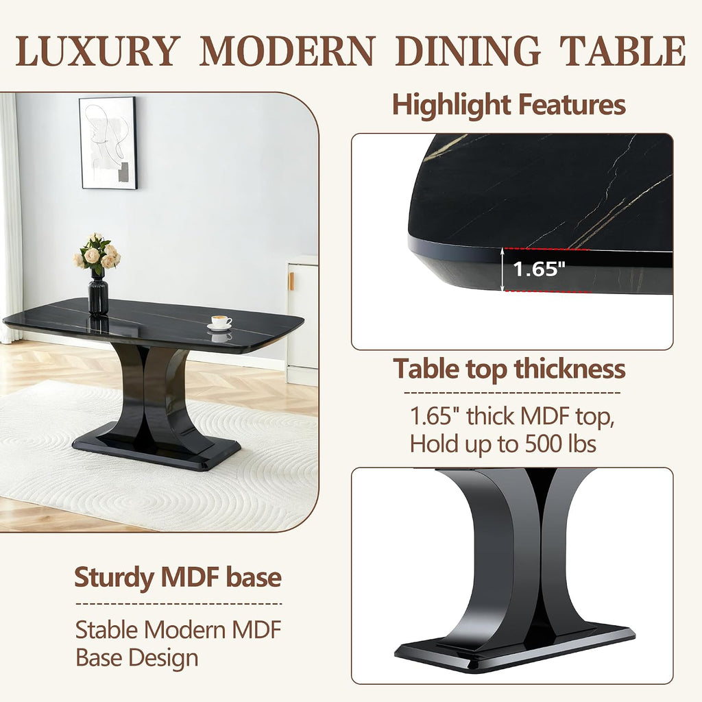 Modern Dining Table Set for 6, Faux Marble Kitchen Table Chairs Set, 63" Rectangular MDF Table Upholstered Chrome Chairs, Easy Clean for Dining Room