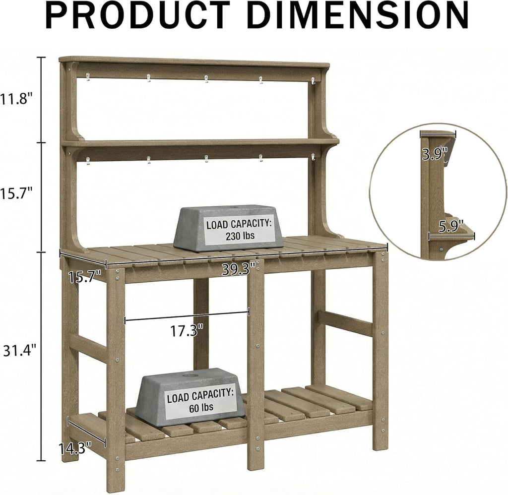 Outdoor Potting Bench with 3 Tier, All-Weather Patio Potting Table with Tool Hooks, HDPE Gardening Table for Backyard, Garden, Brown