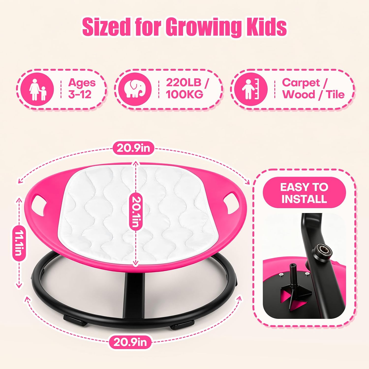 JOYCAT Spinning Chair for Autistic Kids, 360° Sensory Swivel Chair with Soft Washable Cushion, Grip Handles & Anti-Slip Base,220LBS Kids Spin Chair for Autism Sensory Play,Classroom & Calm Corner,Pink