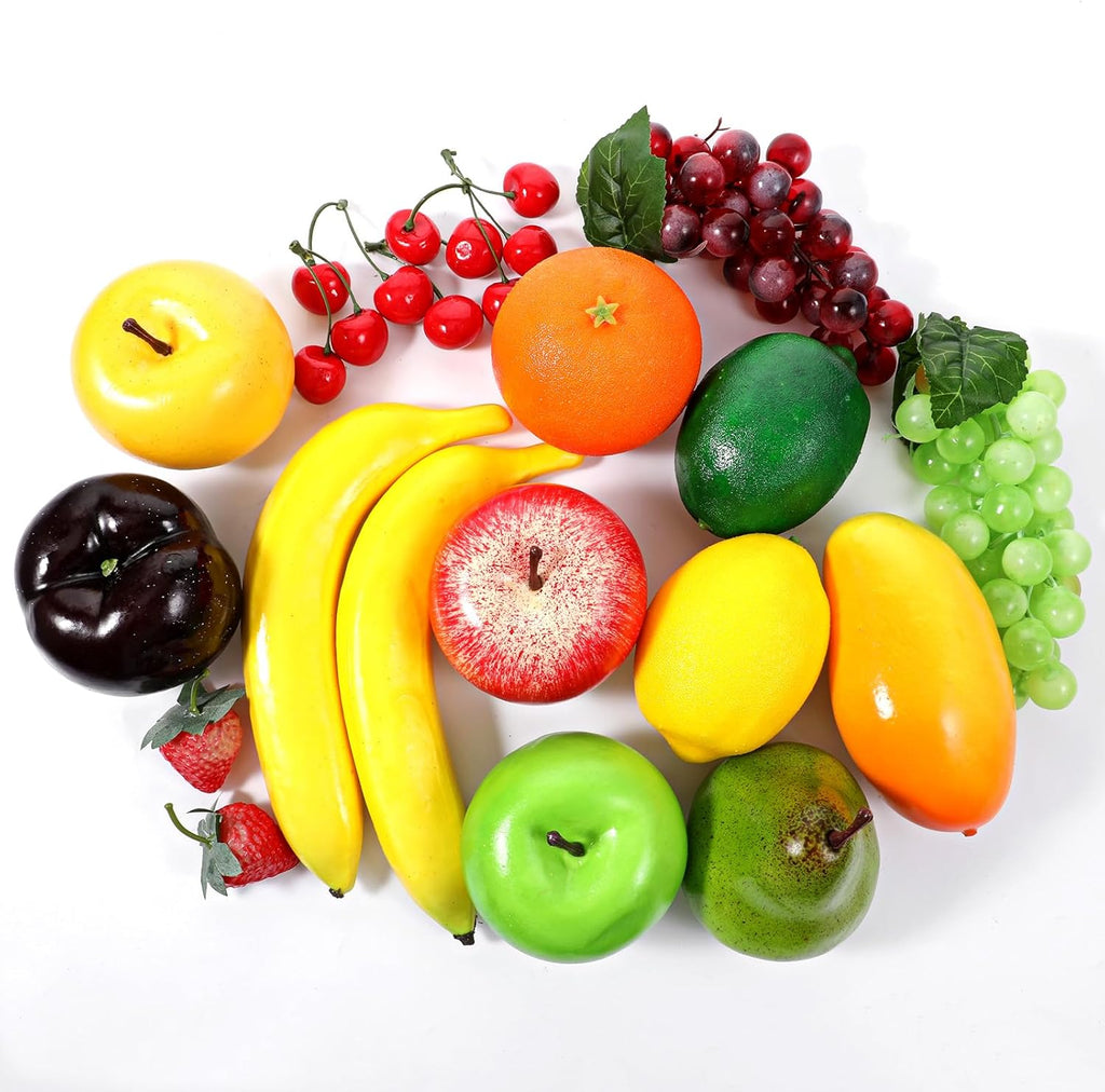 24 Pcs Artificial Fruits Pack Realistic Fake Fruit for Decoration Party Simulation Fruit Props for Photography Display Decoration Home Kitchen Lifelike Realistic Fake Fruits Strawberry, Mango, Bananas