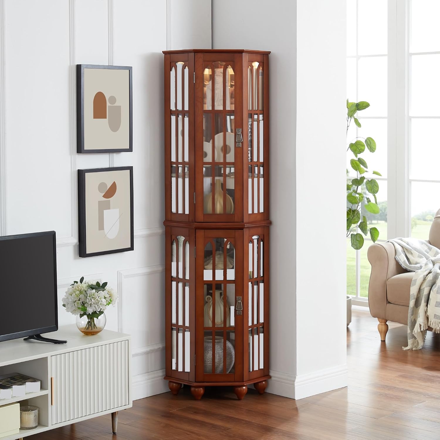 Pantry Sideboard Locker, Corner Curio Cabinet, with 4 Adjustable Tempered Glass Shelves and Lighting System,for Kitchen Home
