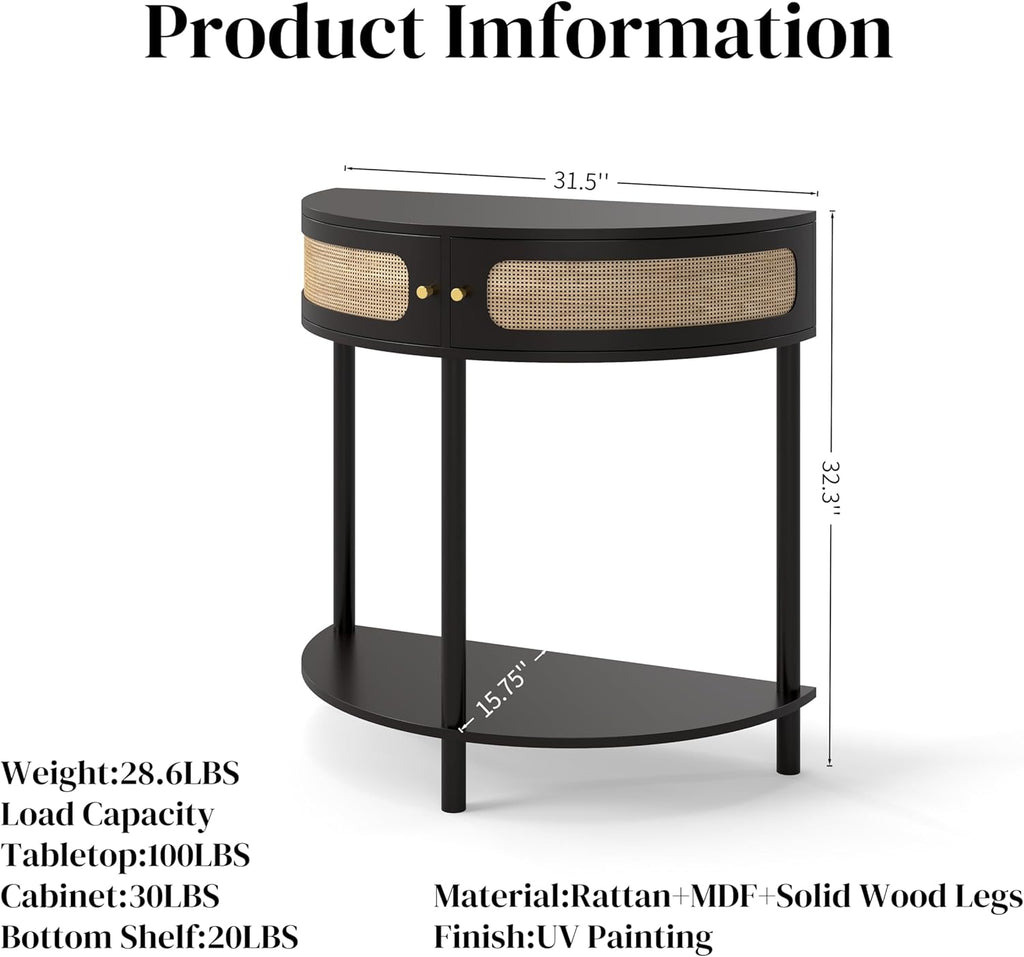 Half Moon Table – 32-Inch Unique Side Table, Half Moon Console Table & Half Round Entryway Table with Drawer, Polished Black Boho Design, Solid Wood+MDF for Living Room, Hallway