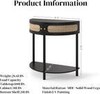 Half Moon Table – 32-Inch Unique Side Table, Half Moon Console Table & Half Round Entryway Table with Drawer, Polished Black Boho Design, Solid Wood+MDF for Living Room, Hallway