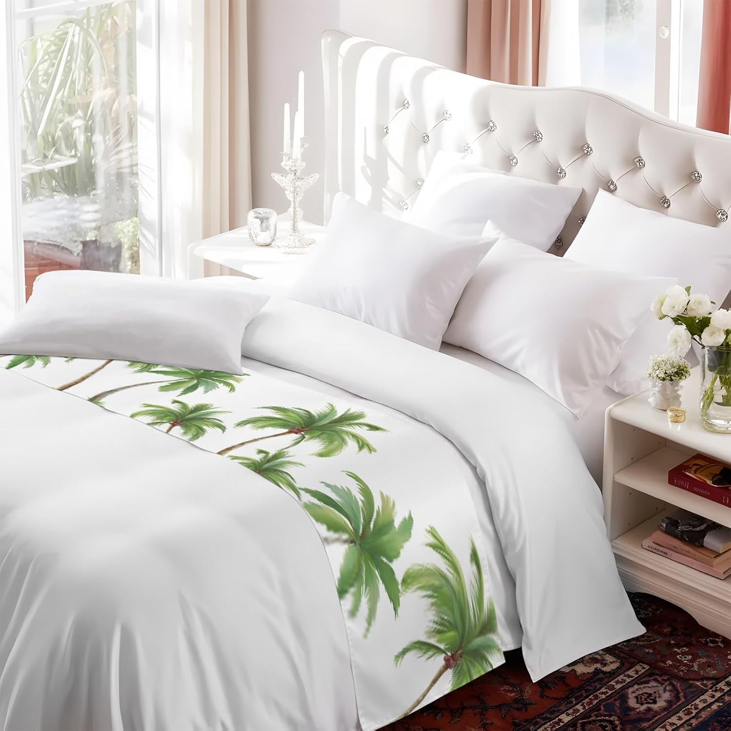 Green Palm Trees Bed Runner Scarf Cal King Size, Summer Botanical Tree Tropical Luxury Bed Throw Runners & Scarves for Twin Full Queen King Foot of Beds, Hotel Decoration, 102"x20"