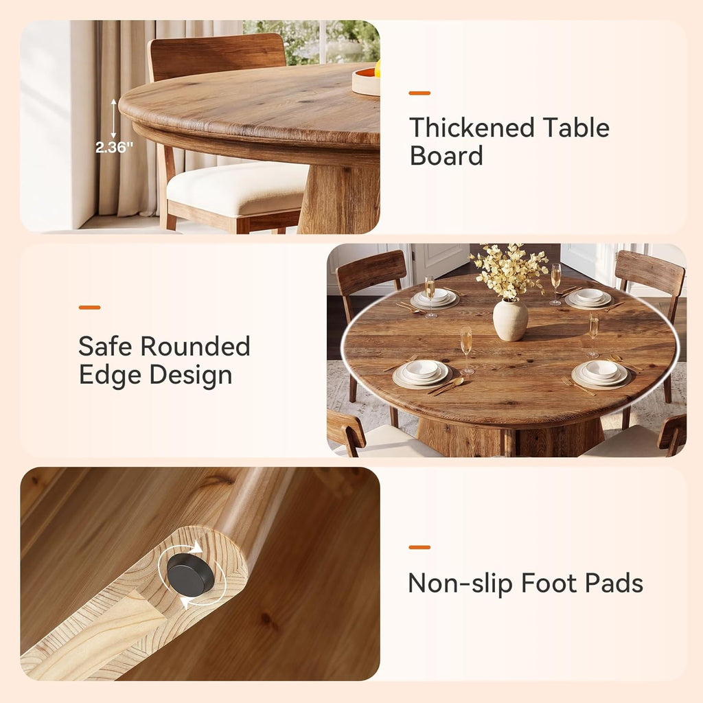 47" Solid Wood Round Dining Table for 4-6 People, Farmhouse Kitchen Table for Dining Room, Kitchen, Living Room, Rustic Brown