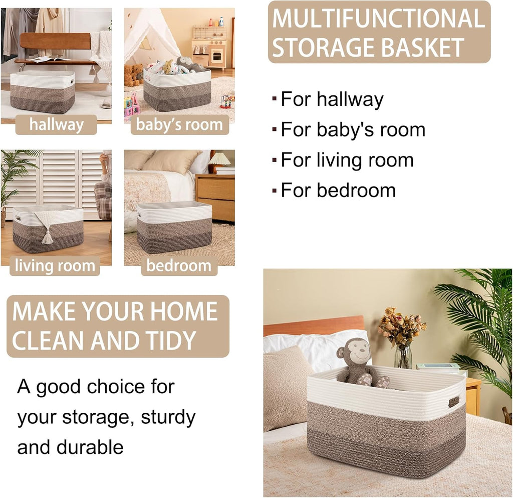 OIAHOMY Large Blanket Basket For Living Room, Rectangle Woven Baskets for Storage, Nursery Toy Storage With Handle-22”x17”x12”-Gradient Dark Brown