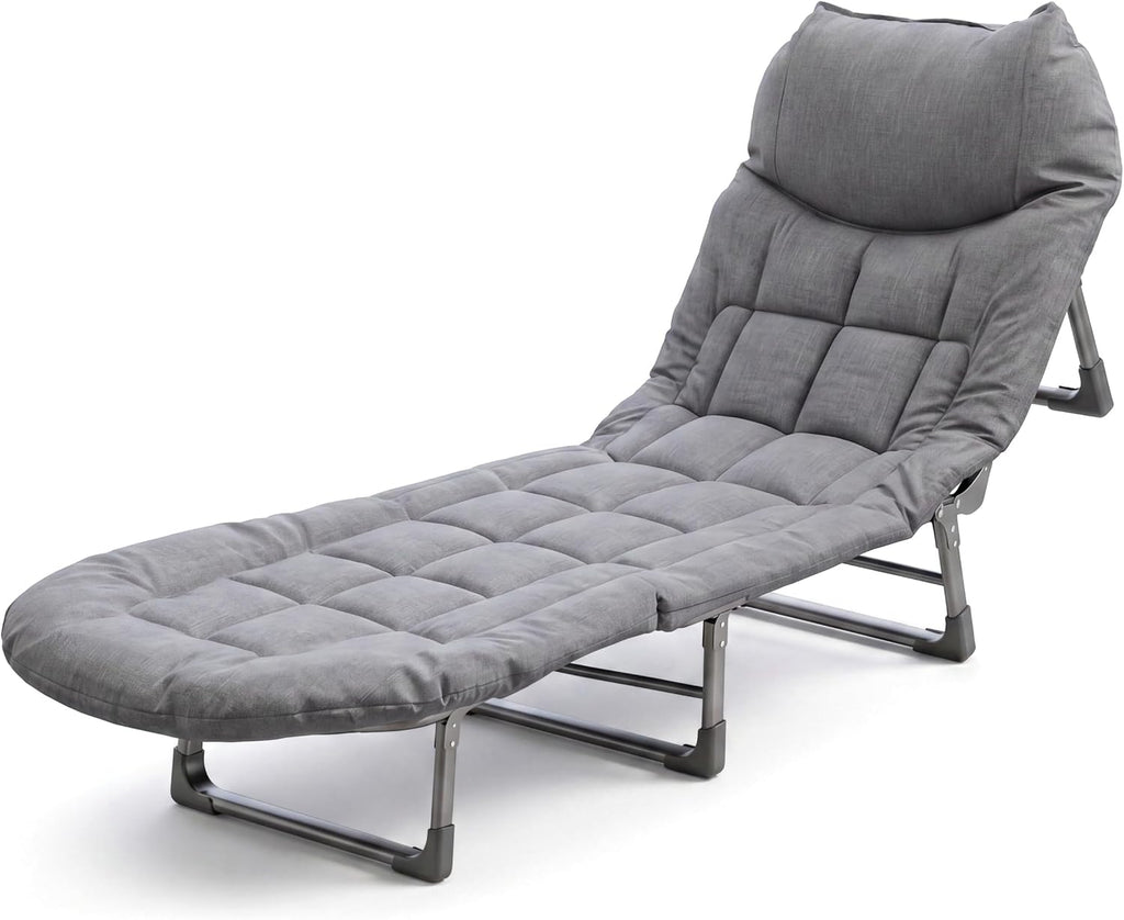 Folding Camping Cot Bed, Gray | 5-Position Adjustable Backrest, 550LBS Heavy Duty Steel Frame, Padded Lounge Chair, Side Pocket