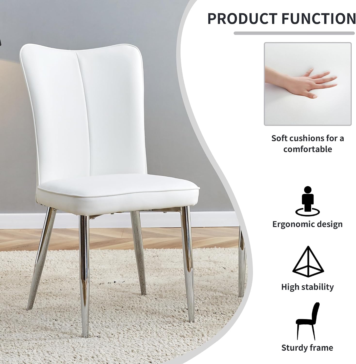 Dining Room Chairs Set - 2x Modern Faux Leather High Back Armless Chairs, Chrome Legs, Upholstered for Home, Living Room