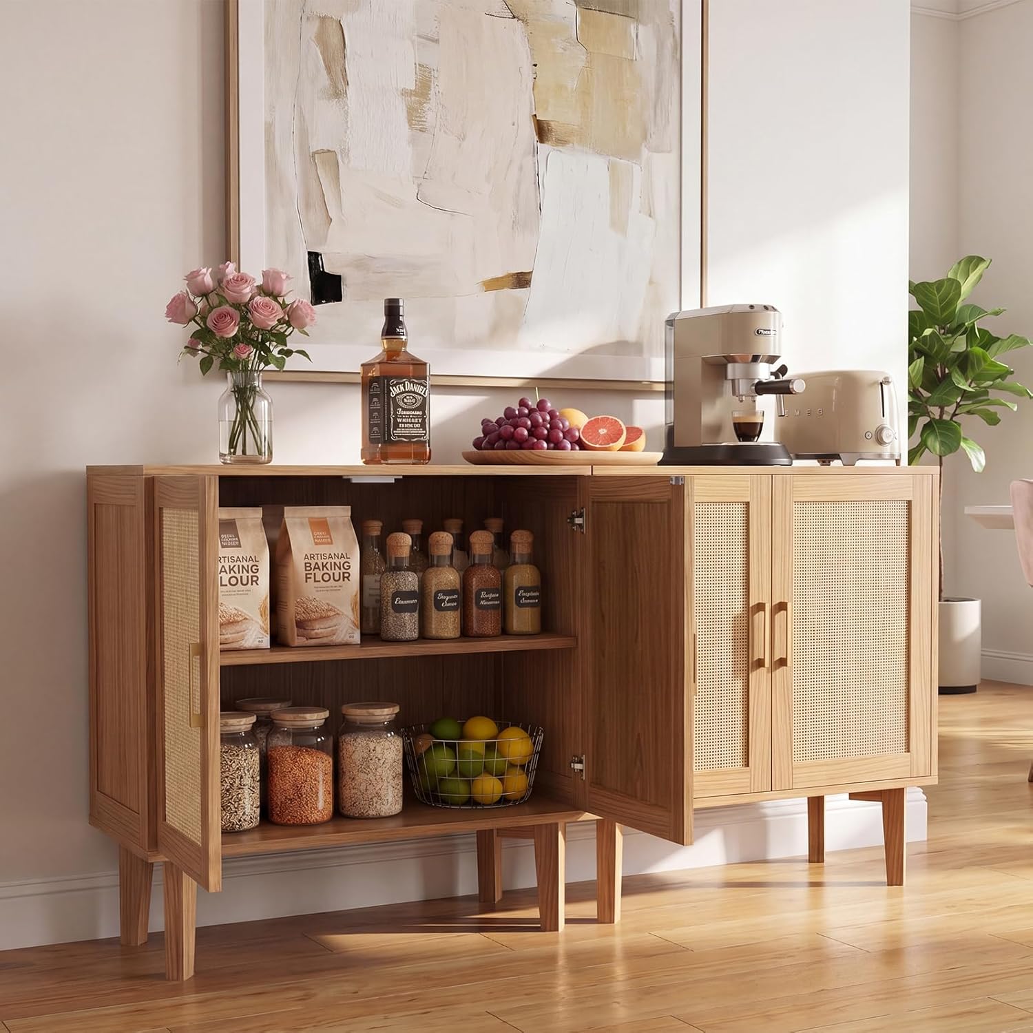 ITEFDTUTNE Rattan Cabinet, Buffet Storage Cabinet Sideboard with 2 Doors & Solid Wood Feet, for Hallway, Entryway, Living Room,or Kitchen