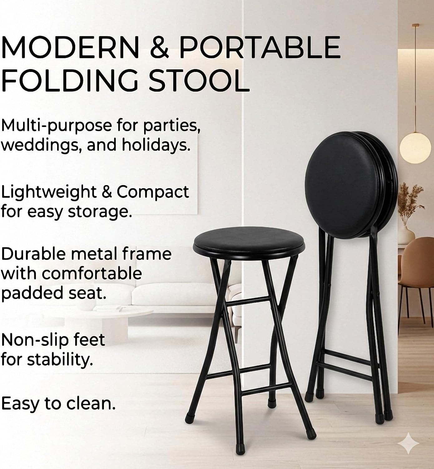 Folding Stool,Back 24-Inch Stool,Portable Stool,with 200lb Capacity for Kitchen or Rec Room - Portable Indoor Counter Bar Stools