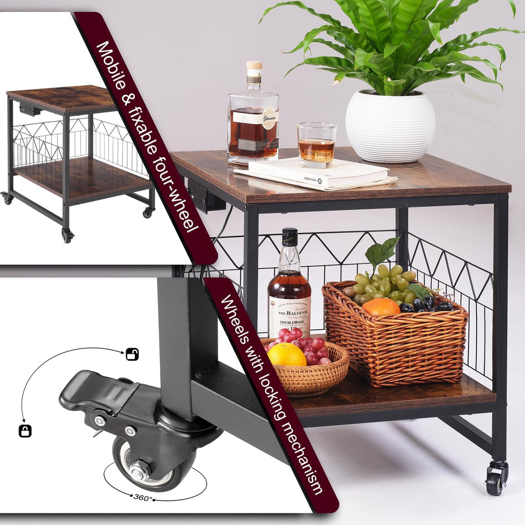 Mini Fridge Stand Heavy-Duty Metal Frame | Built-in 1 USB + 1 Type-C + 2 AC Outlets Rolling Fridge Cart for Dorm, Office, Bedroom | Adjustable Feet & Movable Drawer 19.7" W/D x 22.7" H