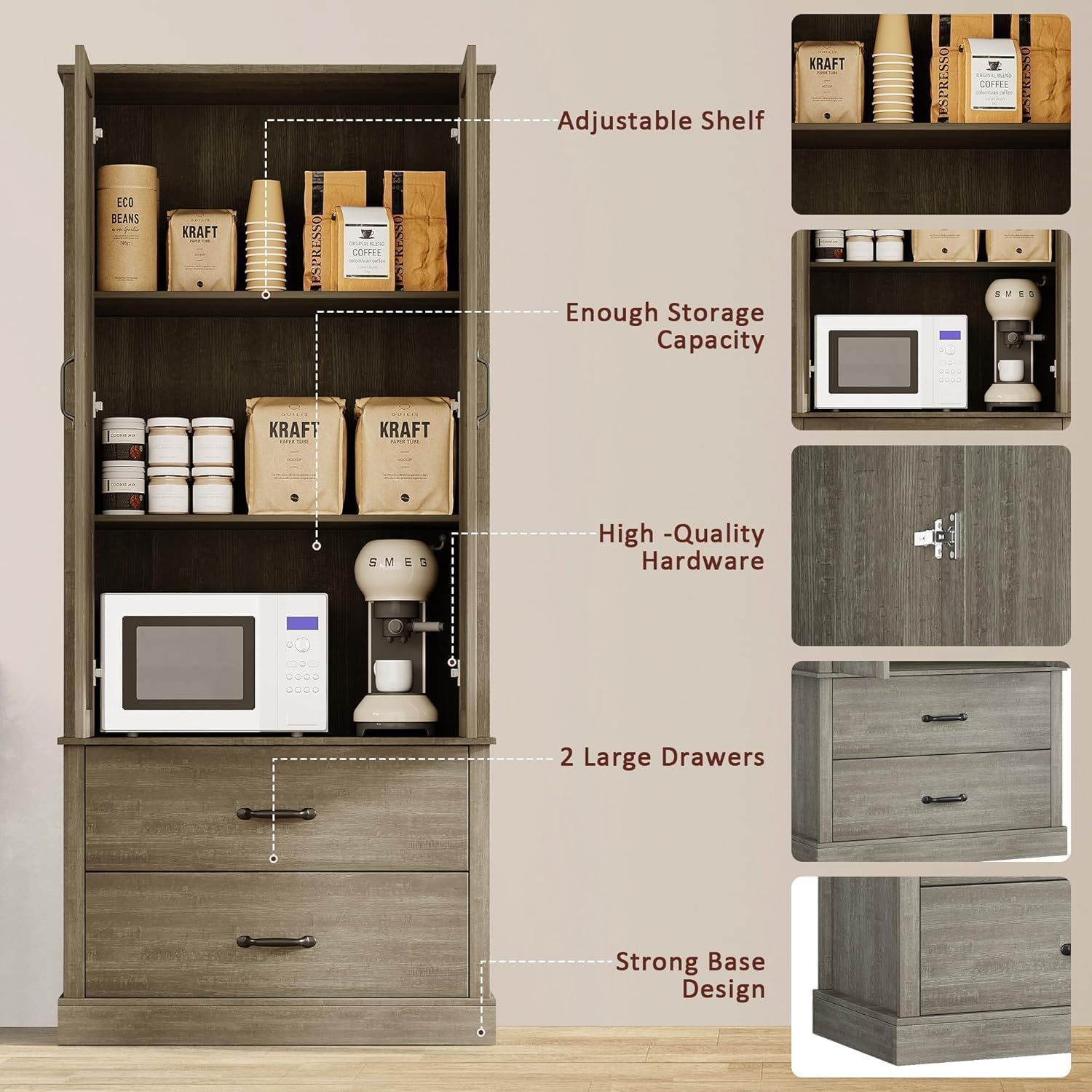 IDEALHOUSE Kitchen Pantry Cabinet, Freestanding Tall Hutch with Barn Doors, Drawer and 2 Adjustable Shelves for Dining Room, Kitchen, Grey