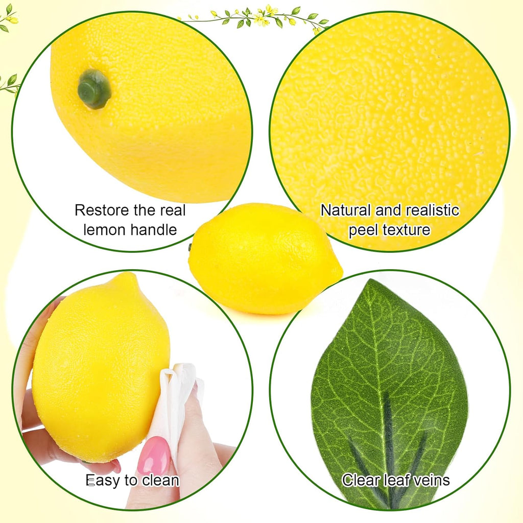 STEFORD 25 Pcs Fake Lemons Artificial Fruits with 20 Pcs Leaves, Faux Yellow Lifelike Simulation Lemons Decor Realistic Lemon Fruits for Home Kitchen Table Cabinet Summer Party Photography Props