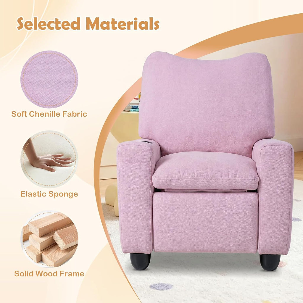HONEY JOY Kids Recliner with Cup Holder, Chenille Fabric Upholstered Push Back Toddler Sofa w/Storage Pockets, Adjustable Backrest & Footrest, Child Reclining Chair for Ages 3+, Pink