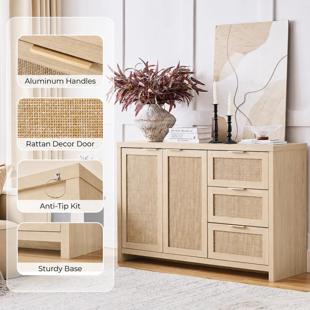 OAKHAM HOME Rattan Sideboard Buffet Cabinet with Storage Storage Credenza with 3 Drawers and 2 Doors, Accent Console Table for Living Room, Hallway or Kitchen Light Weathered Oak