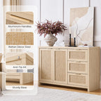 OAKHAM HOME Rattan Sideboard Buffet Cabinet with Storage Storage Credenza with 3 Drawers and 2 Doors, Accent Console Table for Living Room, Hallway or Kitchen Light Weathered Oak