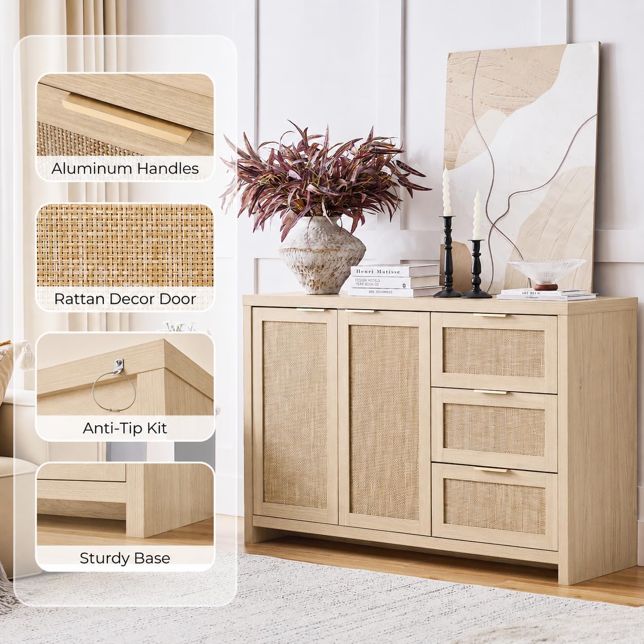 OAKHAM HOME Rattan Sideboard Buffet Cabinet with Storage Storage Credenza with 3 Drawers and 2 Doors, Accent Console Table for Living Room, Hallway or Kitchen Light Weathered Oak