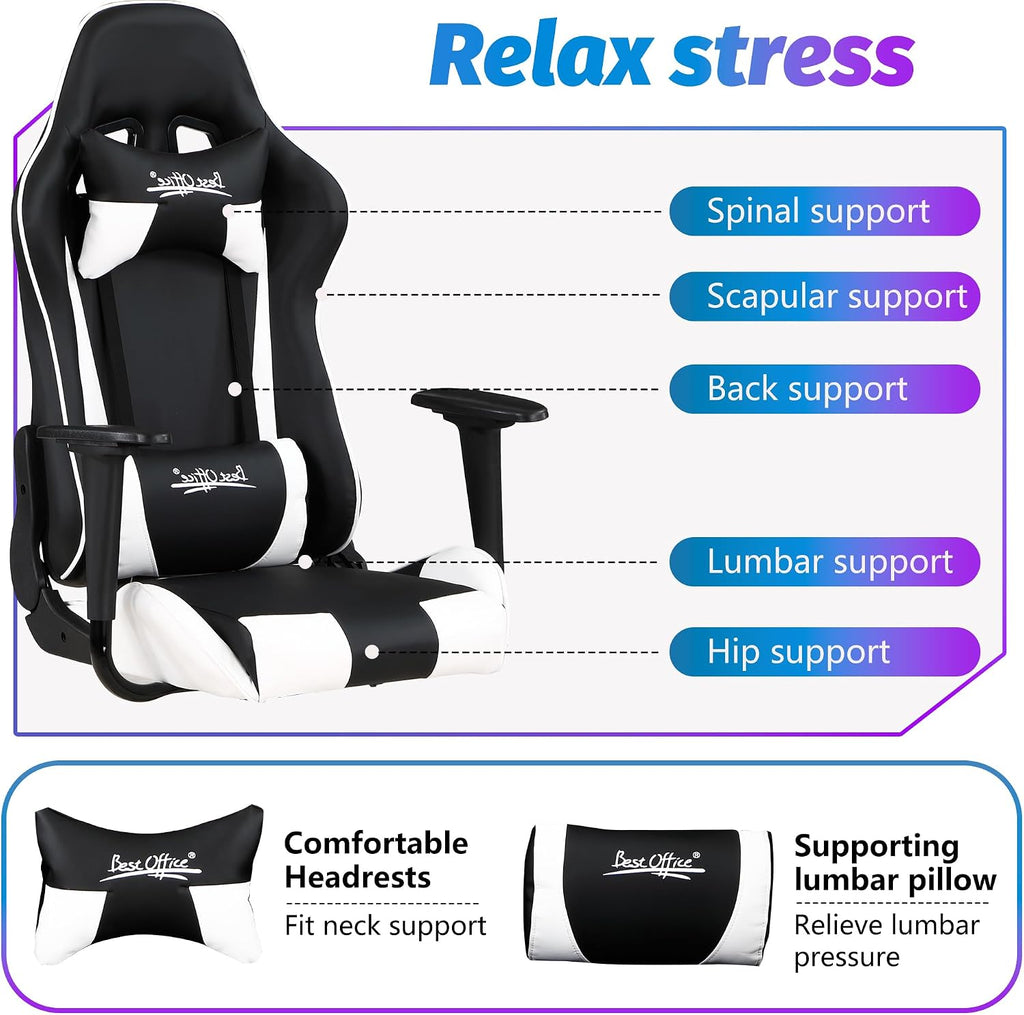 PayLessHere Gaming Chair Desk Chair Ergonomic High Back Computer Chair with Adjustable Lumbar Support, Armrests, and Racing-Inspired Design for Office and Home Use (White)