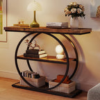 Arbuxzuy 41.3 Entryway Table, Industrial 3-Tier Narrow Console Table, Round Frame Foyer Table for Living Room, Hallway, Wood Accent Tables with Storage Shelves Brown & Black(Lagre)