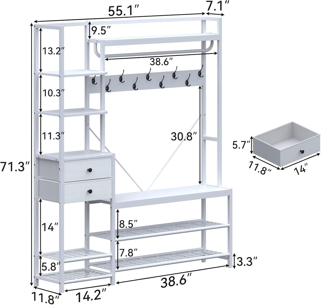 Gyfimoie 7-in-1 White Hall Tree with Bench and Shoe Storage, 55" Wide Entryway Coat Rack with Shoe Storage Shelves & Drawers, Mudroom Bench with Seating and Hooks for Hallway, Entrance