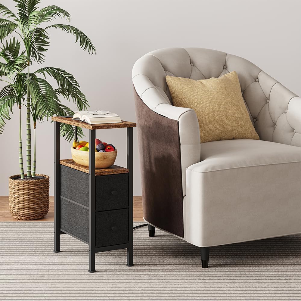 Narrow Side Table for Small Spaces, Skinny End Table with Charging Station, Sofa Beside Table with 2 Drawers 1 Open Compartment, Slim Nightstand with USB Ports Outlet, Rustic and Brown UTBT005FV2